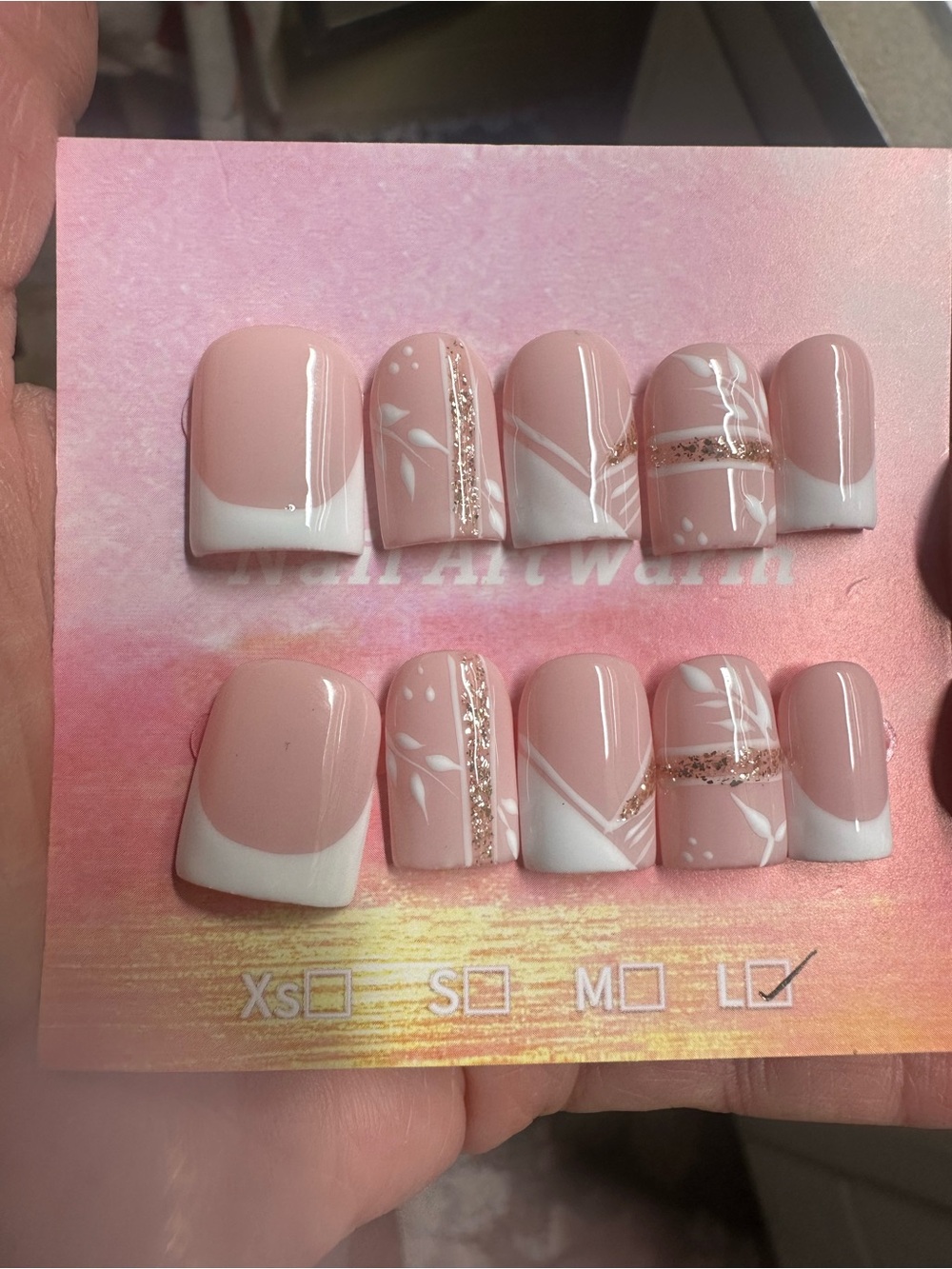 Soft Pink & White Floral French Press-On Nails with Glitter Accent